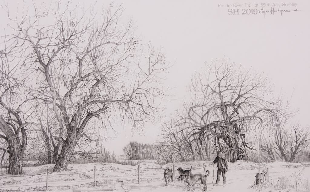 Sieger Hartgers drawing of the Poudre river Trail in Greeley, Colorado