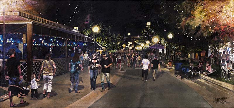 A painting of downtown Greeley on Friday Nights, by Sieger Hartger