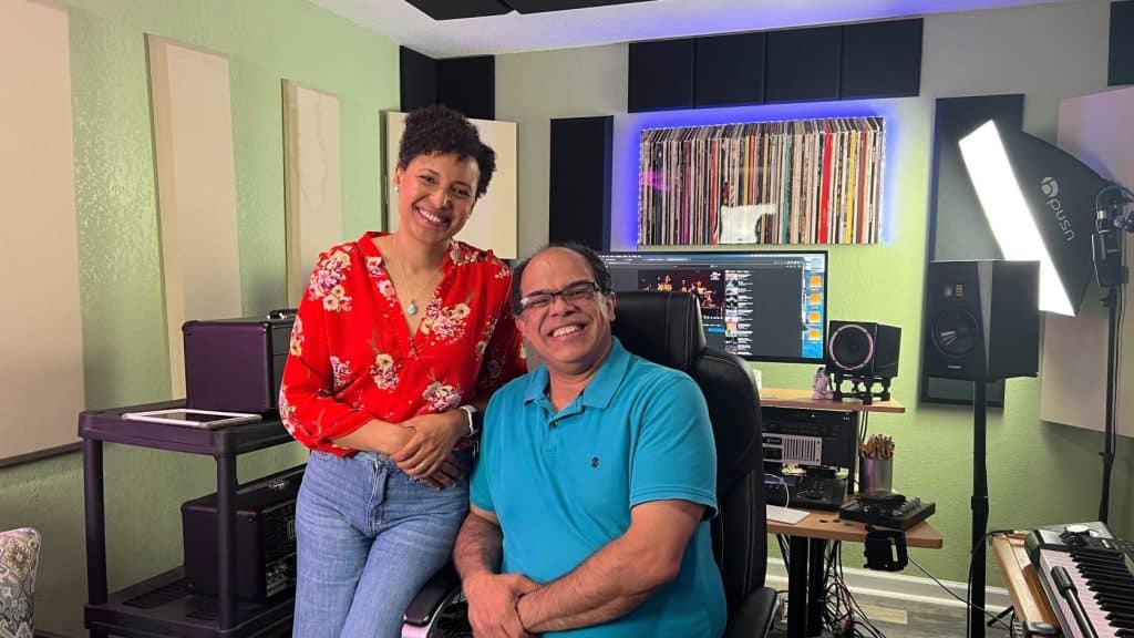 Wanda Vasquez Garcia and Socrates Garcia, authors of the new children's book "From Across the Street" pictured side by side in their home recording studio